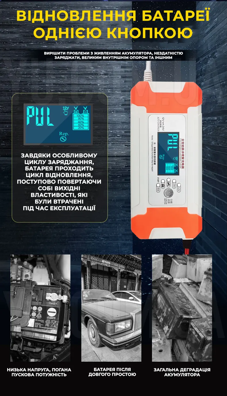 Зарядний пристрій для акумуляторів з функцією ремонту 12V/24V 10A Зарядний пристрій для акумуляторів з функцією ремонту 12V/24V 10A